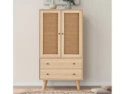 Aparador de cocina 60x40x120cm, 2 puertas de ratán y 2 cajones, en madera natural clara