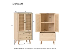 Aparador de cocina 60x40x120cm, 2 puertas de ratán y 2 cajones, en madera natural clara