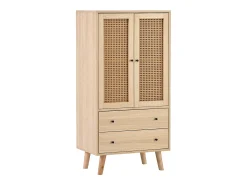 Aparador de cocina 60x40x120cm, 2 puertas de ratán y 2 cajones, en madera natural clara