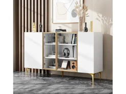 Aparador de cocina 150x38x85cm con 4 puertas incluidas 2 de cristal, cuerpo blanco con bandas doradas