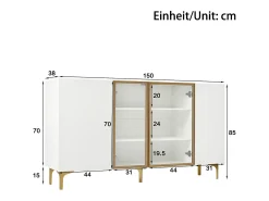 Aparador de cocina 150x38x85cm con 4 puertas incluidas 2 de cristal, cuerpo blanco con bandas doradas