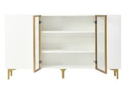 Aparador de cocina 150x38x85cm con 4 puertas incluidas 2 de cristal, cuerpo blanco con bandas doradas