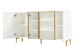 Aparador de cocina 150x38x85cm con 4 puertas incluidas 2 de cristal, cuerpo blanco con bandas doradas