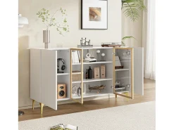 Aparador de cocina 150x38x85cm con 4 puertas incluidas 2 de cristal, cuerpo blanco con bandas doradas