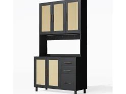 Aparador de cocina 100x40x183cm con 5 puertas de ratán y 3 cajones, LED y puerto USB incluido, cuerpo negro