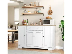 Aparador de cocina 138x40x85cm con 4 puertas y 1 cajón, tapa imitación madera natural, cuerpo blanco