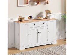 Aparador de cocina 138x40x85cm con 4 puertas y 1 cajón, tapa imitación madera natural, cuerpo blanco