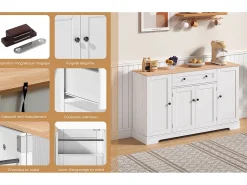 Aparador de cocina 138x40x85cm con 4 puertas y 1 cajón, tapa imitación madera natural, cuerpo blanco