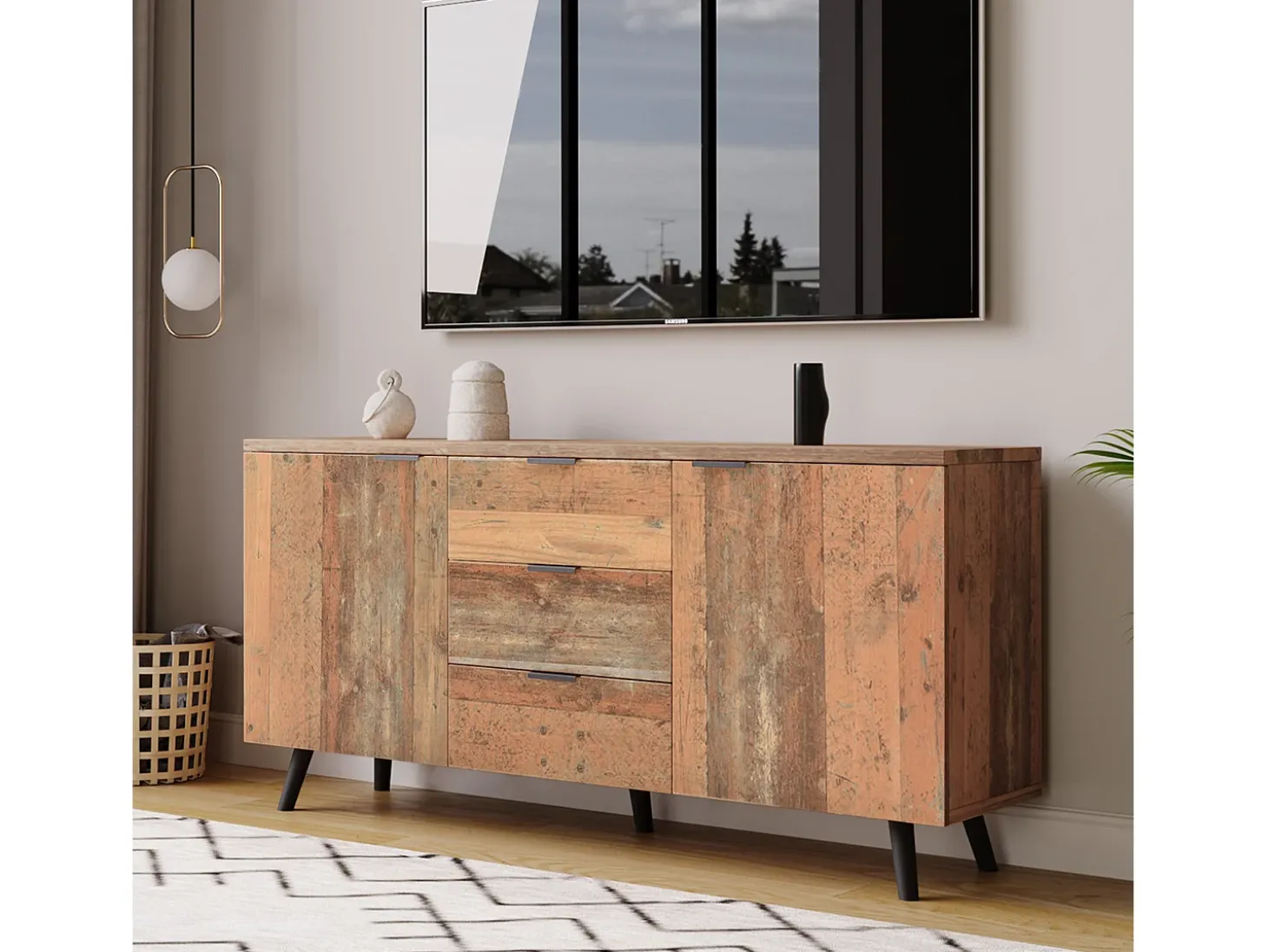 Aparador de cocina 140x35x70cm con 3 cajones y 2 puertas, cuerpo en chapa de madera natural clara