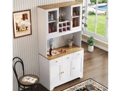 Aparador de cocina 94,5x40x175,5cm con 5 puertas, 3 cajones y nichos, tapa chapada imitación madera, cuerpo blanco