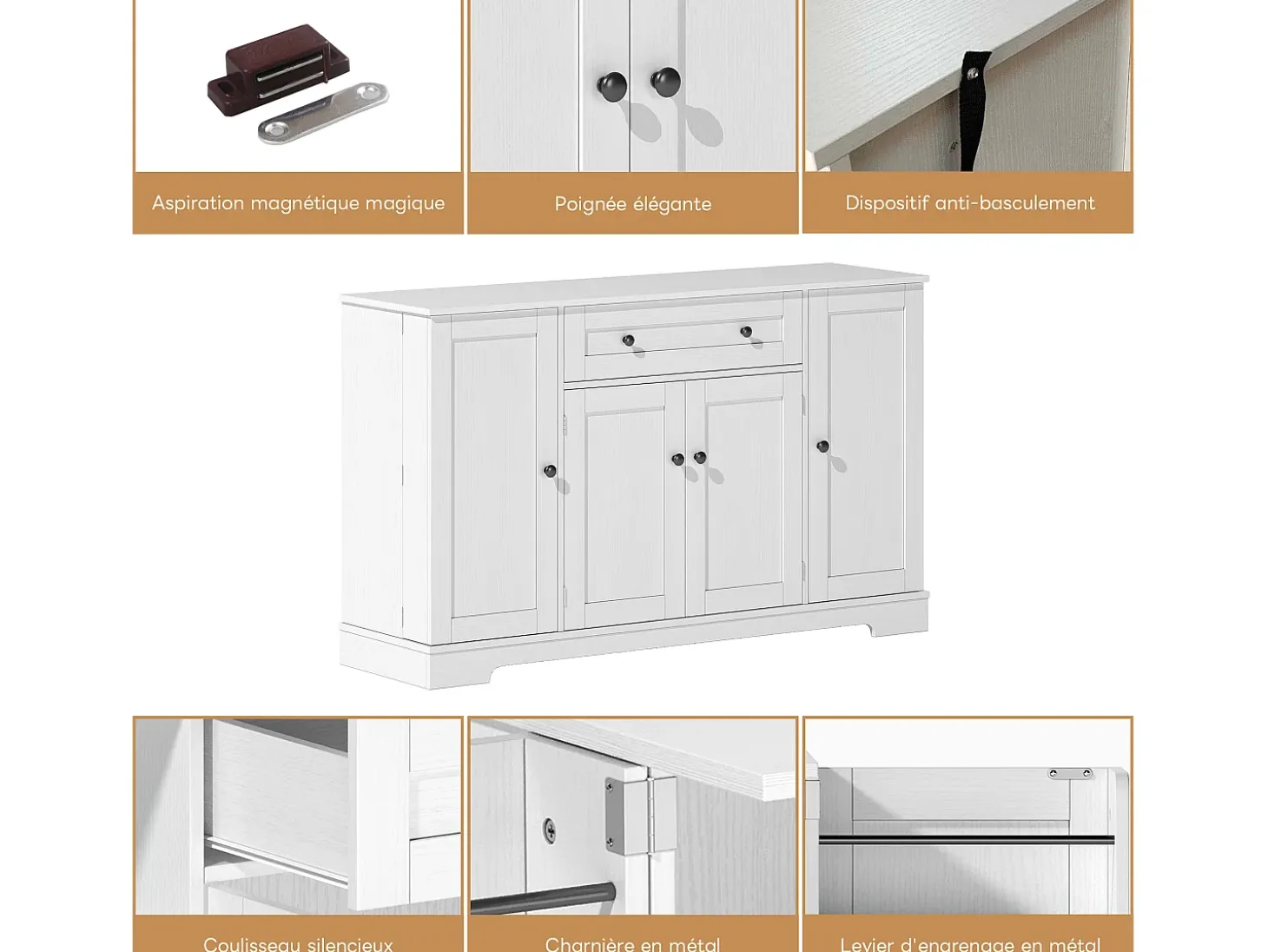 Aparador de cocina 138x40x85cm con 4 puertas y 1 cajón, cuerpo de MDF blanco