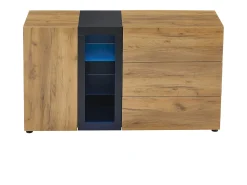 Aparador de cocina 140x40x80cm con 3 cajones, 1 puerta y 3 estantes de cristal, LED incluido, cuerpo en chapa de madera natural y negra.