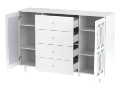 Aparador de comedor con 2 puertas de espejo y 4 cajones - tiradores de cristal - madera - blanco (147,5x40x102cm)