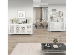 Aparador de comedor con 2 puertas de espejo y 4 cajones - tiradores de cristal - madera - blanco (147,5x40x102cm)