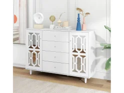 Aparador de comedor con 2 puertas de espejo y 4 cajones - tiradores de cristal - madera - blanco (147,5x40x102cm)