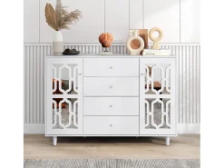 Aparador de comedor con 2 puertas de espejo y 4 cajones - tiradores de cristal - madera - blanco (147,5x40x102cm)