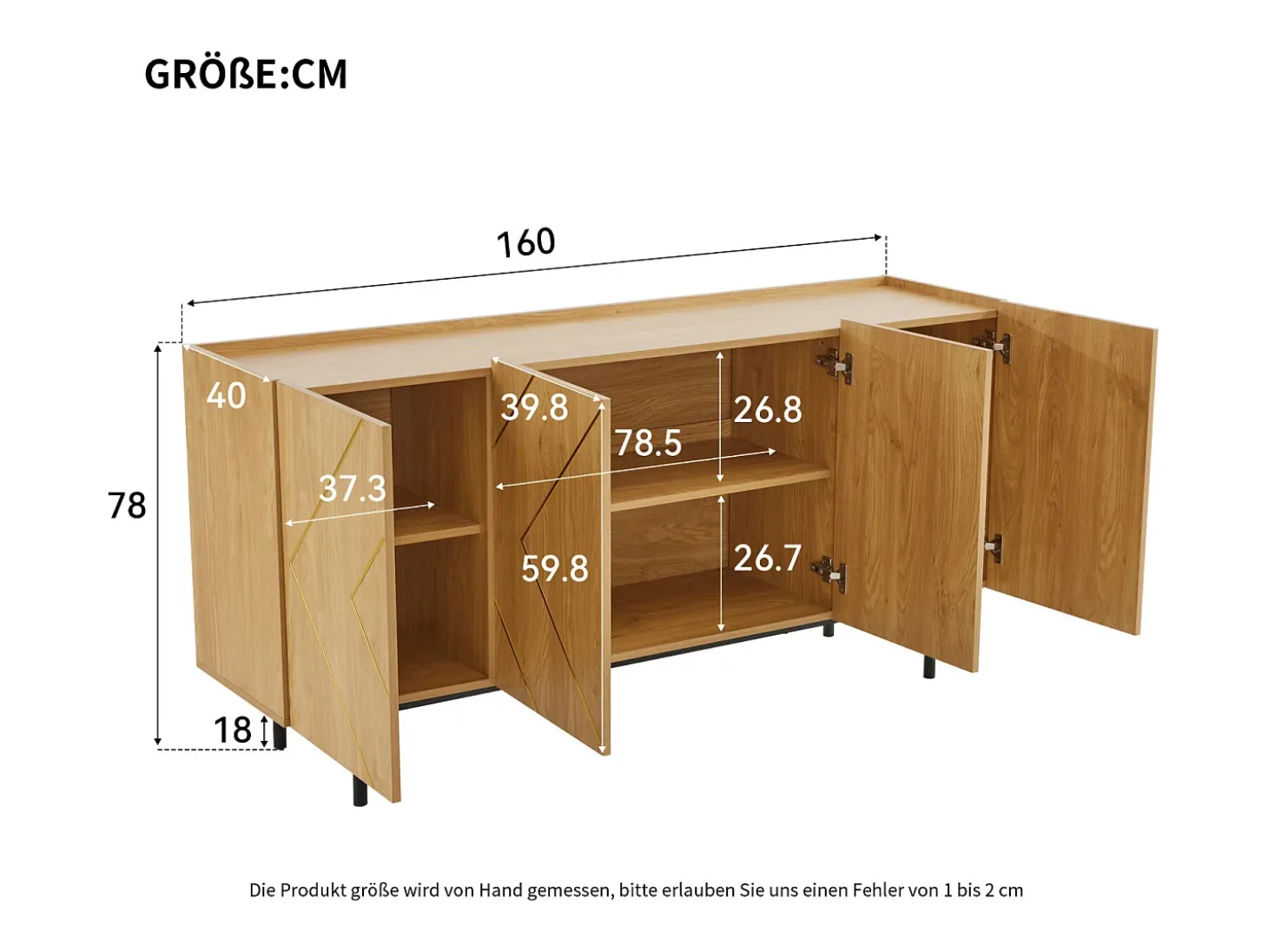Aparador de cuatro puertas con patas de metal, mueble de almacenaje, decoración salón, 160 x 40 x 78 cm