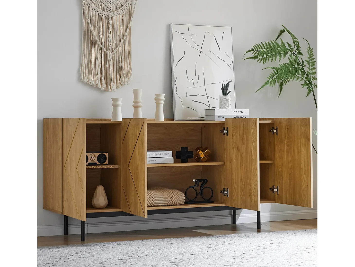 Aparador de cuatro puertas con patas de metal, mueble de almacenaje, decoración salón, 160 x 40 x 78 cm