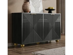 Aparador de cuatro puertas, estantes interiores regulables, tiradores de metal y patas esféricas, negro