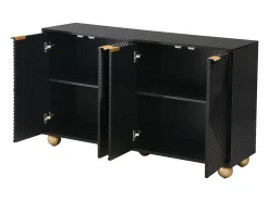 Aparador de cuatro puertas, estantes interiores regulables, tiradores de metal y patas esféricas, negro