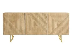 Aparador de diseño de madera de roble claro con grabados y metal dorado 3 puertas 160 cm OZEN