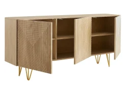 Aparador de diseño de madera de roble claro con grabados y metal dorado 3 puertas 160 cm OZEN