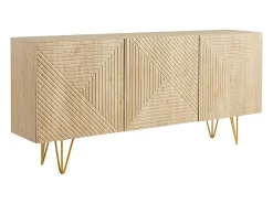 Aparador de diseño de madera de roble claro con grabados y metal dorado 3 puertas 160 cm OZEN