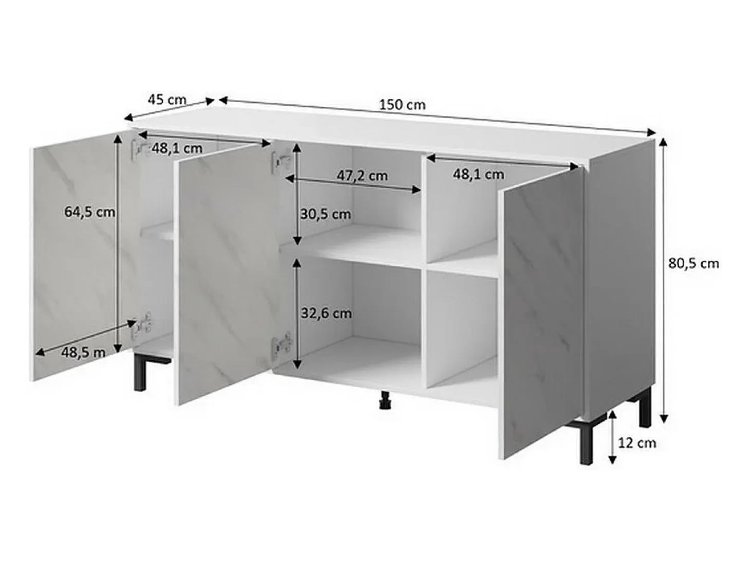 Aparador de diseño efecto mármol blanco 150cm Ketla