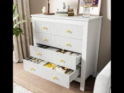 Aparador de estilo contemporáneo, cómoda con espacio de almacenamiento, con tiradores dorados, color blanco