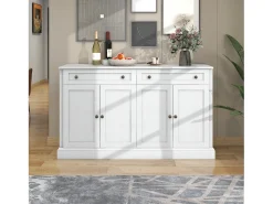 Aparador de estilo moderno de 4 puertas y 2 cajones, 150x86x40 cm, para salón y comedor, color blanco