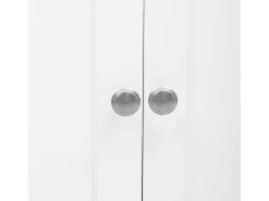 Aparador de madera blanca, cuatro puertas, dos cajones, para sala de estar y comedor, con tablero de imitación madera clara.