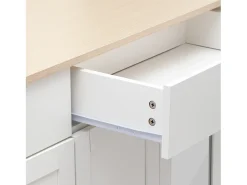 Aparador de madera blanca, cuatro puertas, dos cajones, para sala de estar y comedor, con tablero de imitación madera clara.