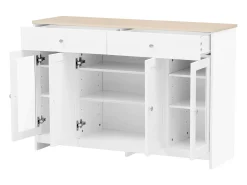 Aparador de madera blanca, cuatro puertas, dos cajones, para sala de estar y comedor, con tablero de imitación madera clara.