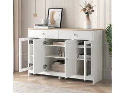 Aparador de madera blanca, cuatro puertas, dos cajones, para sala de estar y comedor, con tablero de imitación madera clara.