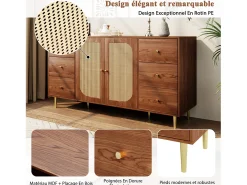 Aparador de madera con puertas y cajón de ratán, 160 x 40 x 90 cm, marrón, para salón o cocina