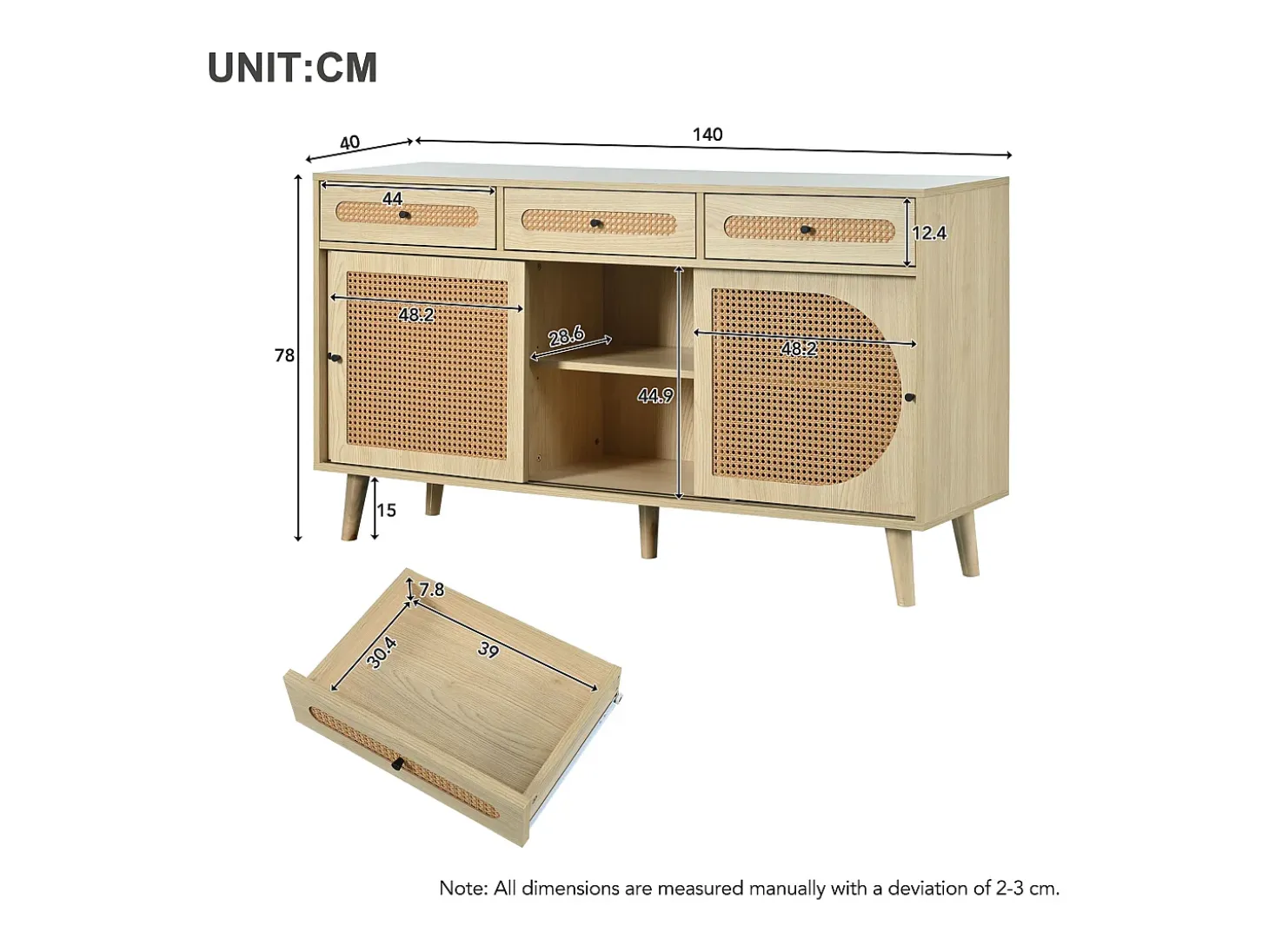 Aparador de madera con puertas de ratán, 3 cajones, MDF, Roble, (140x40x78 cm)