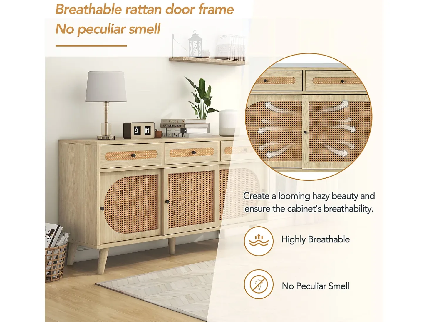 Aparador de madera con puertas de ratán, 3 cajones, MDF, Roble, (140x40x78 cm)