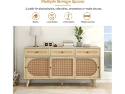 Aparador de madera con puertas de ratán, 3 cajones, MDF, Roble, (140x40x78 cm)