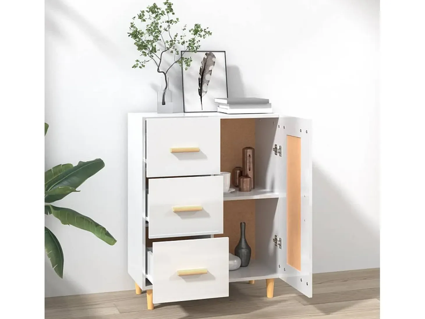 Aparador de madera contrachapada blanco brillante 69,5x34x90 cm