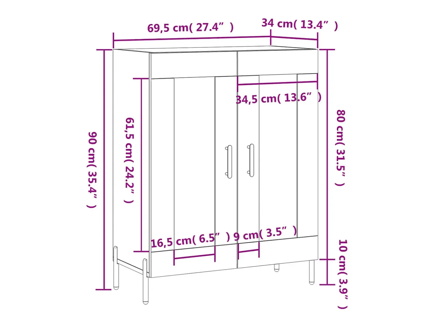 Aparador de madera contrachapada blanco brillante 69,5x34x90 cm