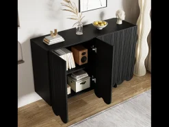 Aparador de madera de cuatro puertas con dos estantes, diseño sin tiradores, 120x37x80 cm, para salón o dormitorio, negro