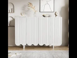 Aparador de madera de cuatro puertas con dos estantes, diseño sin tiradores, 120x37x80 cm, para salón o dormitorio, blanco
