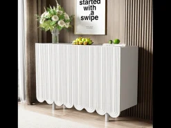 Aparador de madera de cuatro puertas con dos estantes, diseño sin tiradores, 120x37x80 cm, para salón o dormitorio, blanco