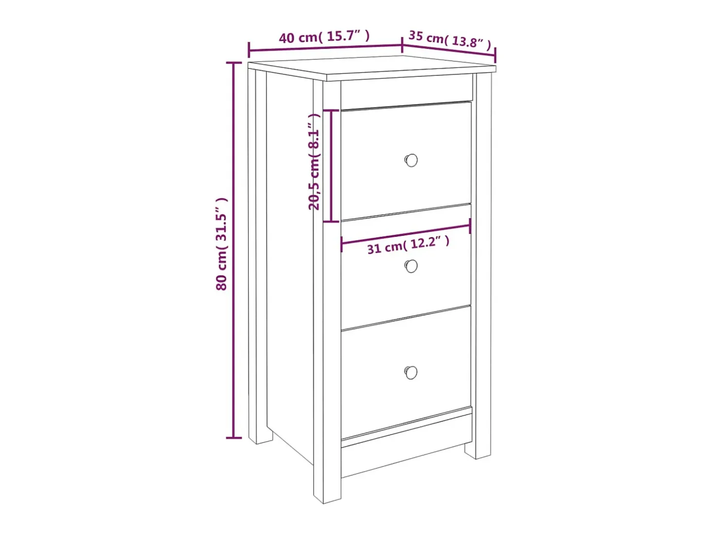 Aparador de madera maciza de pino blanco 40x35x80 cm