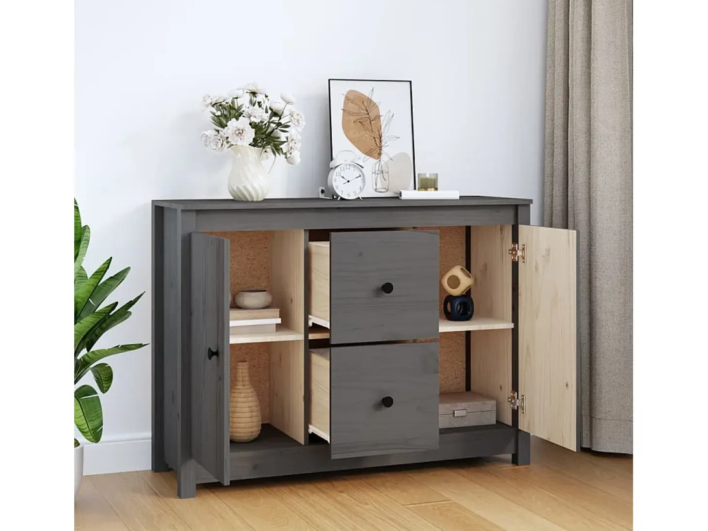 Aparador de madera maciza de pino gris 100x35x74 cm