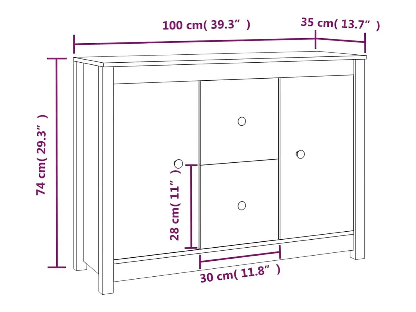 Aparador de madera maciza de pino gris 100x35x74 cm