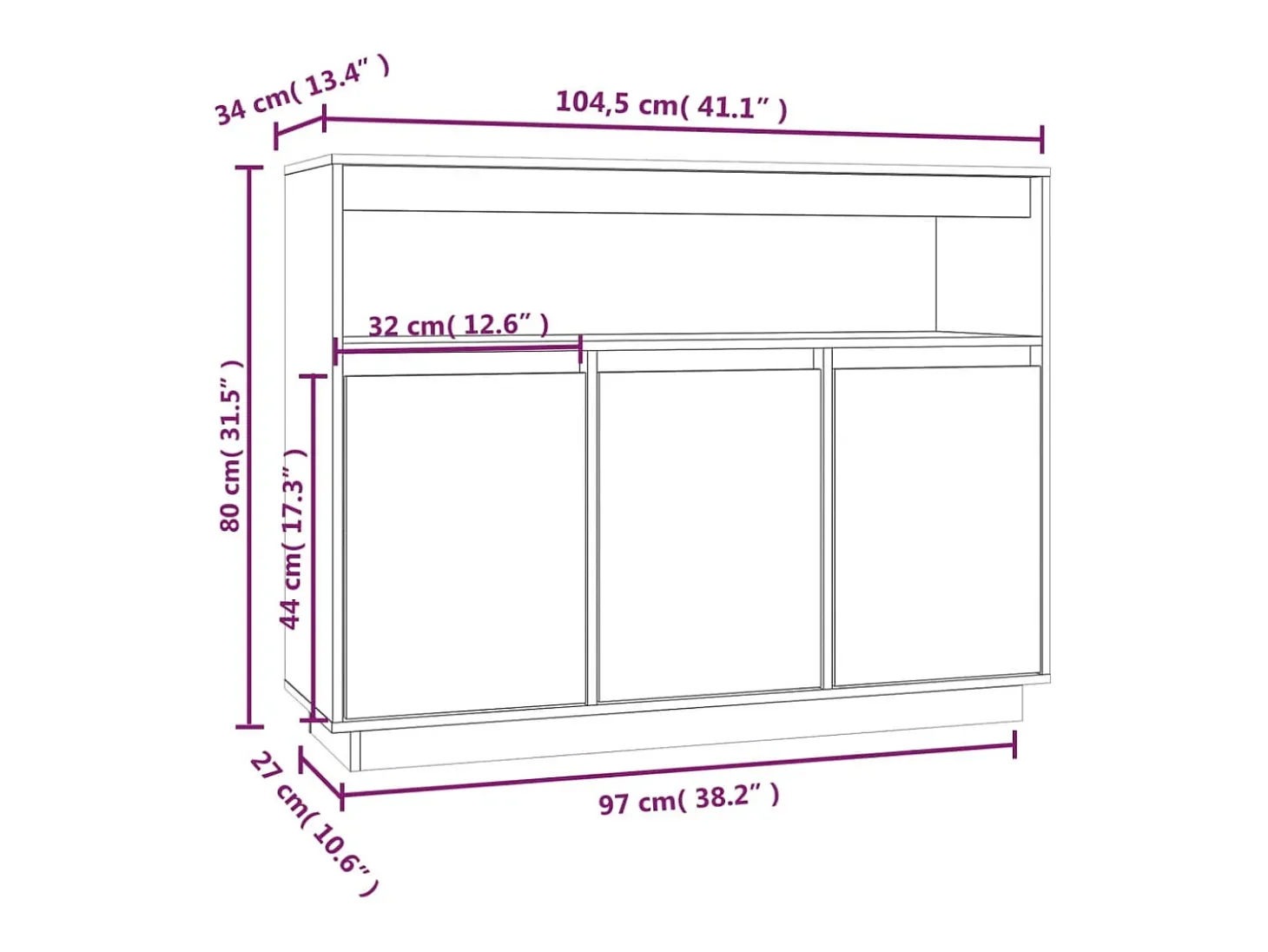 Aparador de madera maciza de pino blanco 104,5x34x80 cm