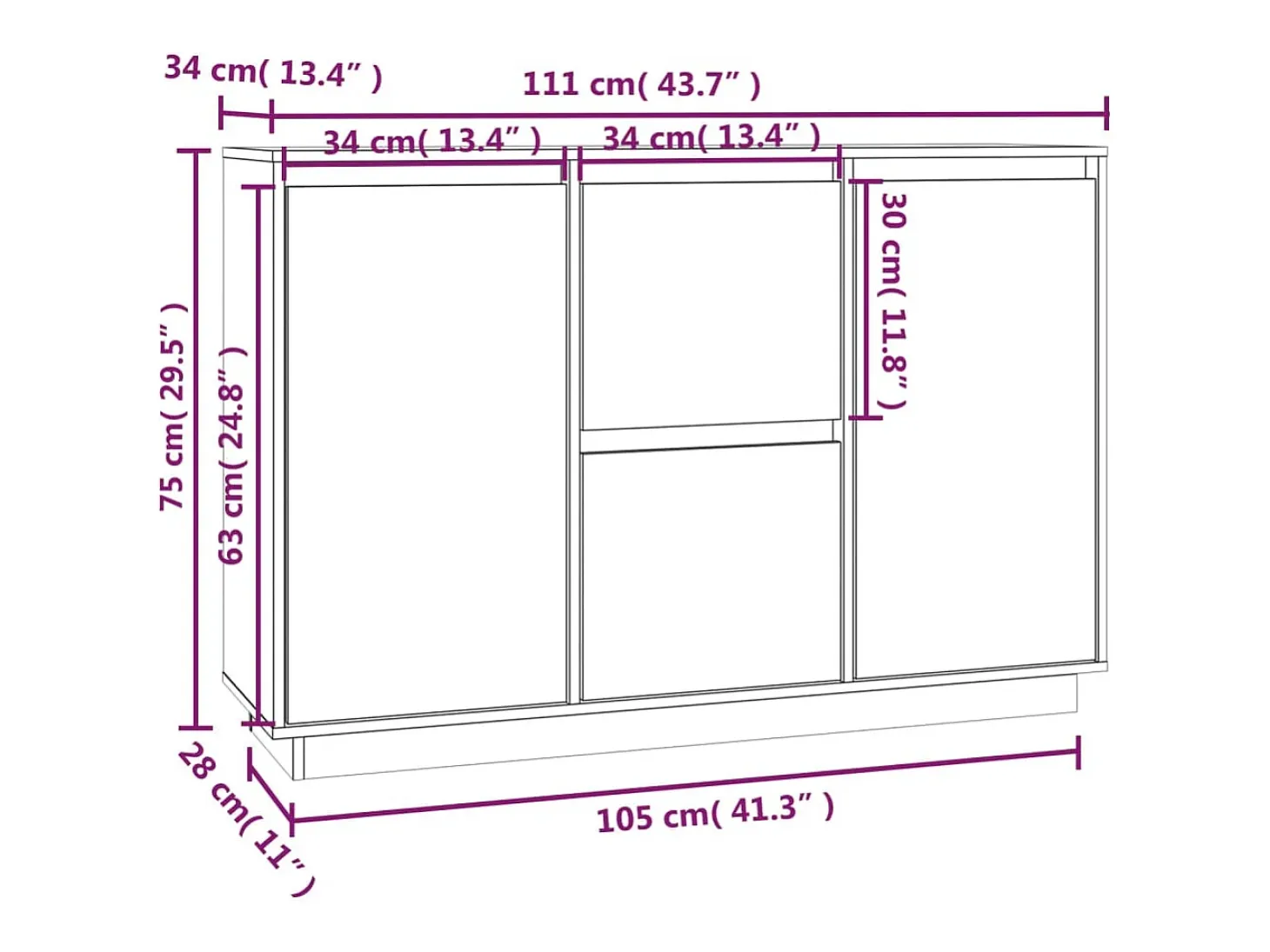 Aparador de madera maciza de pino gris 111x34x75 cm