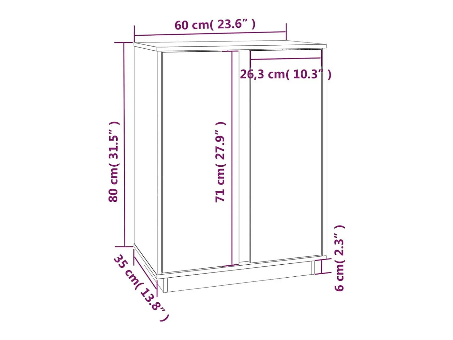 Aparador de madera maciza de pino blanco 60x35x80 cm