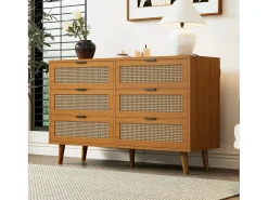 Aparador de madera natural oscura con 6 cajones, tiradores metálicos, dimensiones 120 x 40 x 76,5 cm